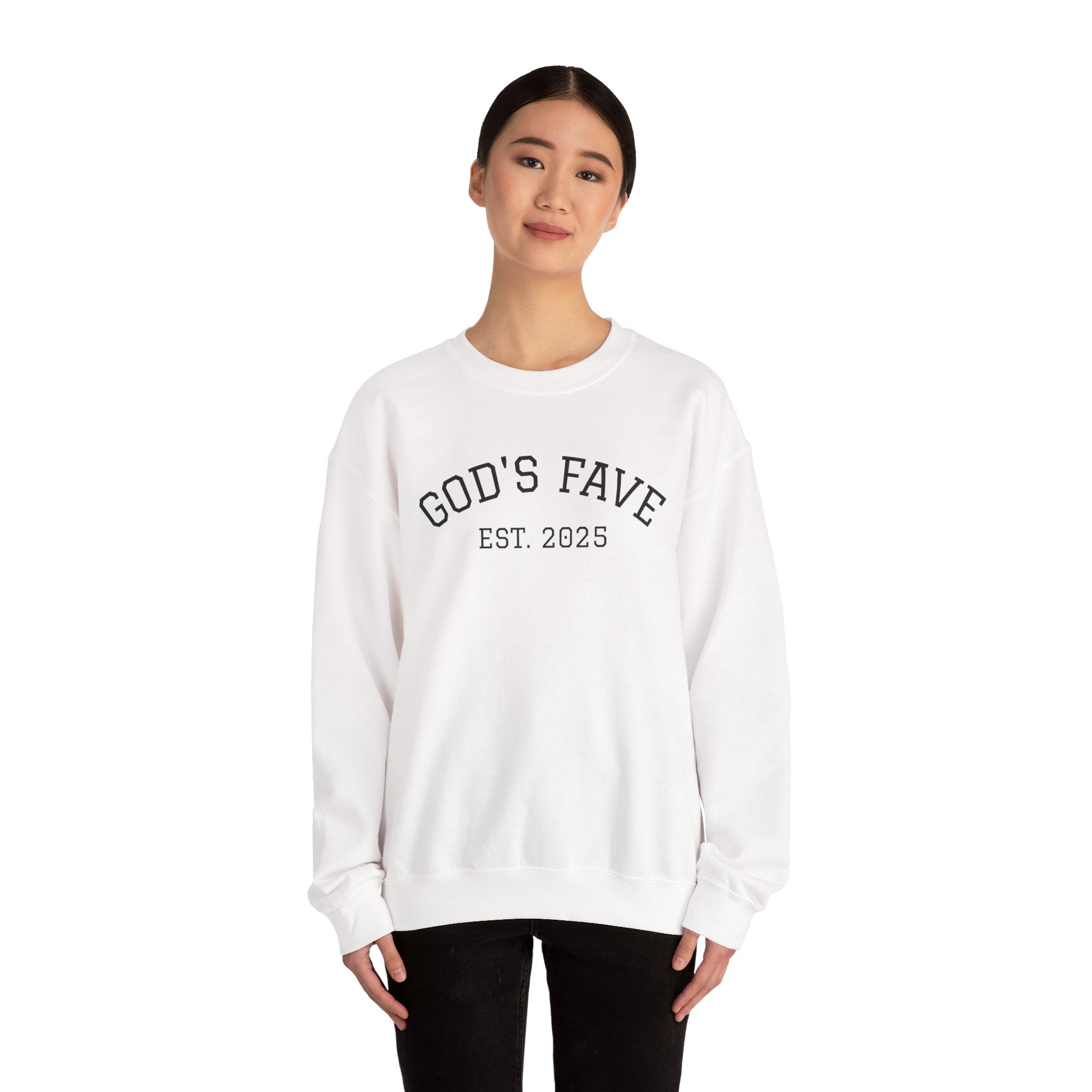Crewneck Sweatshirt — "God's Fave Est. 2025" Religious Pullover with Back Quote